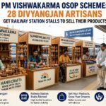 Divyangjan artisans showcase handcrafted products at dedicated railway station stalls under the PM Vishwakarma OSOP Scheme, promoting self-reliance and market access for skilled craftspeople.