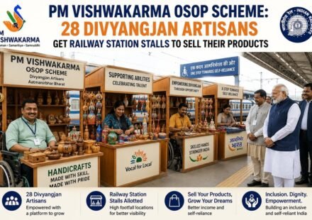 Divyangjan artisans showcase handcrafted products at dedicated railway station stalls under the PM Vishwakarma OSOP Scheme, promoting self-reliance and market access for skilled craftspeople.