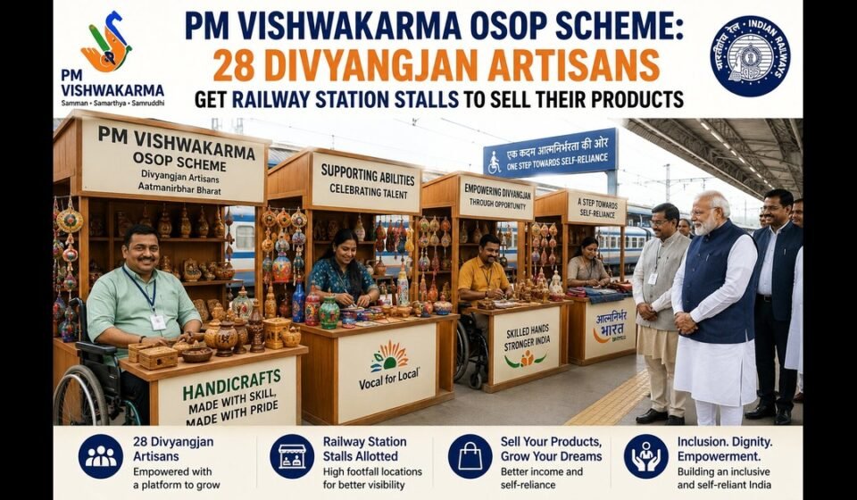 Divyangjan artisans showcase handcrafted products at dedicated railway station stalls under the PM Vishwakarma OSOP Scheme, promoting self-reliance and market access for skilled craftspeople.