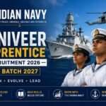 Indian Navy Agniveer Apprentice Recruitment 2026 poster featuring naval personnel, a warship, and a helicopter for Batch 2027 admissions.