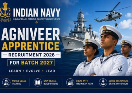 Indian Navy Agniveer Apprentice Recruitment 2026 poster featuring naval personnel, a warship, and a helicopter for Batch 2027 admissions.