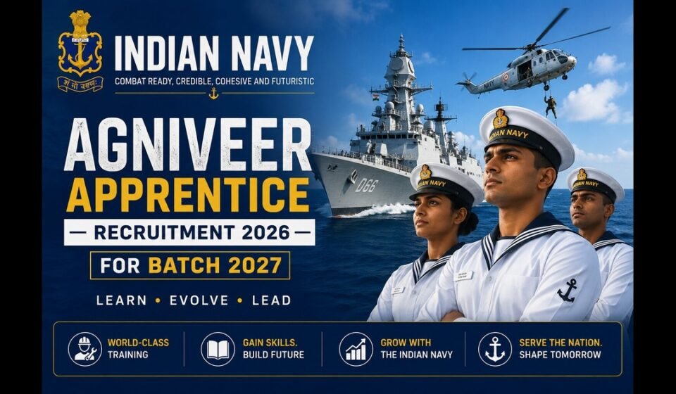 Indian Navy Agniveer Apprentice Recruitment 2026 poster featuring naval personnel, a warship, and a helicopter for Batch 2027 admissions.