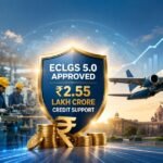 Illustration showing MSME manufacturing workers, a commercial airplane, financial growth charts and a government-backed credit guarantee shield representing ECLGS 5.0 and ₹2.55 lakh crore credit support.