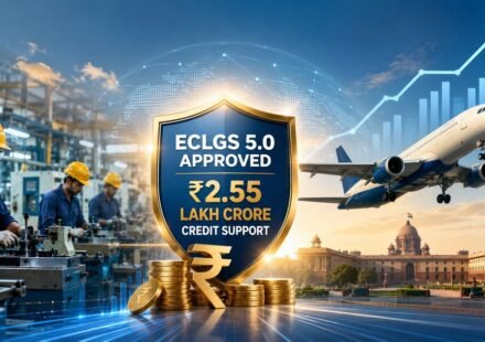 Illustration showing MSME manufacturing workers, a commercial airplane, financial growth charts and a government-backed credit guarantee shield representing ECLGS 5.0 and ₹2.55 lakh crore credit support.