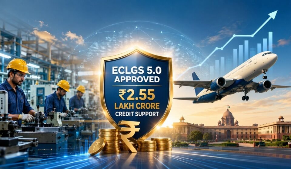 Illustration showing MSME manufacturing workers, a commercial airplane, financial growth charts and a government-backed credit guarantee shield representing ECLGS 5.0 and ₹2.55 lakh crore credit support.
