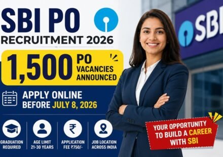 SBI PO Recruitment 2026 featured image showing 1,500 Probationary Officer vacancies with application deadline of July 8, 2026.