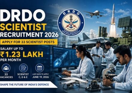 Scientists working in a high-tech DRDO laboratory with defence technology, drones, missiles and digital research systems representing DRDO Scientist Recruitment 2026.