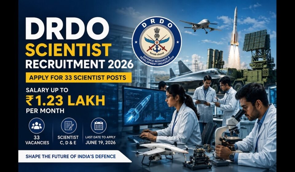 Scientists working in a high-tech DRDO laboratory with defence technology, drones, missiles and digital research systems representing DRDO Scientist Recruitment 2026.